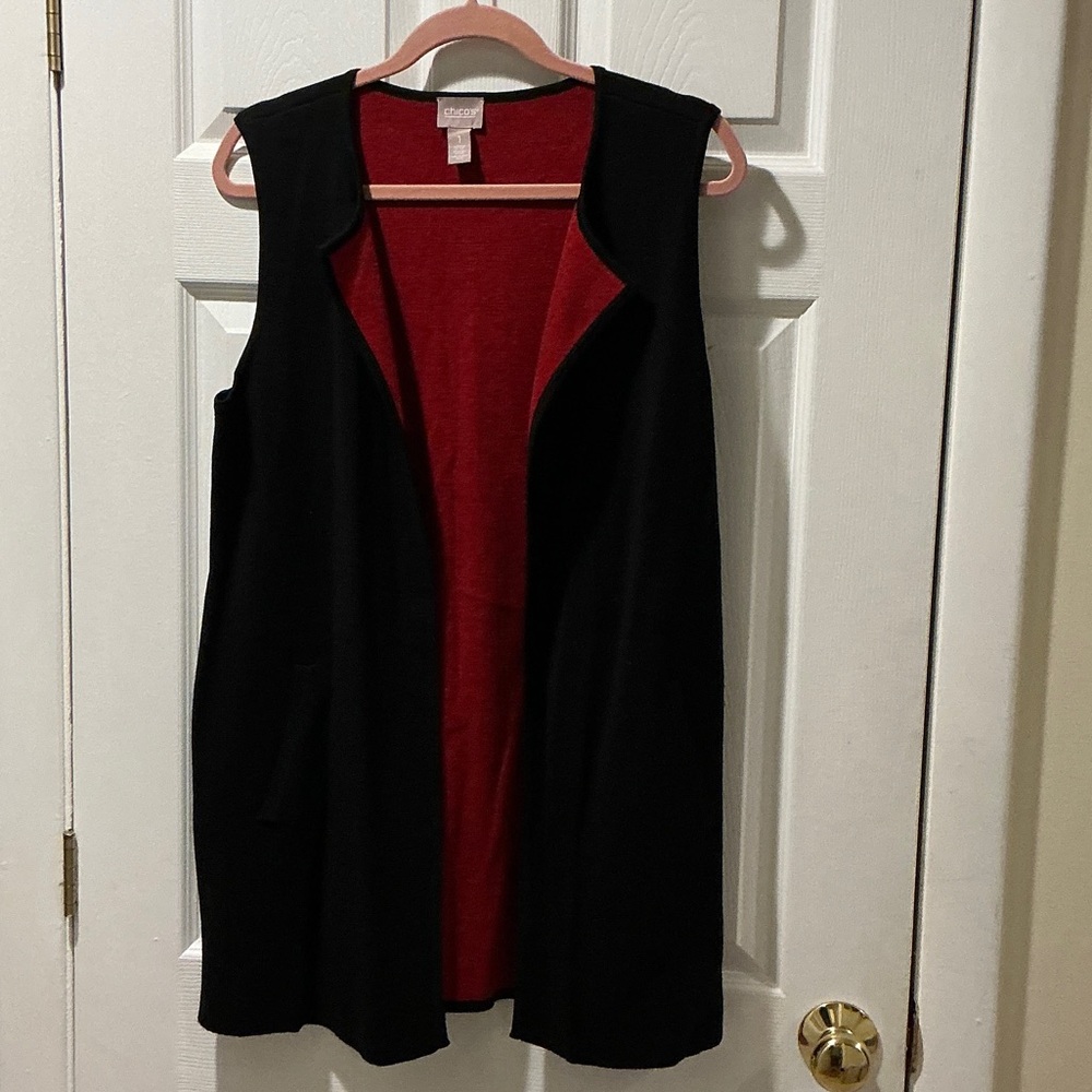 Chico’s NEW Women's Black and Red Sleeveless Cardigan/ Vest Two Pockets Size 1